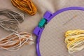 Linen cross stitch fabric in plastic embroidery hoop with some colour threads and needle