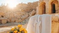 Linen draped on stone, sunset ruins backdrop, wedding Royalty Free Stock Photo