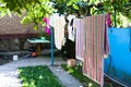 Linen dries on ropes at backyard of country house Royalty Free Stock Photo