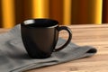 Linen napkin enhances black coffee mug mockup Empty mug for product presentation Royalty Free Stock Photo