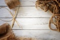Linen rope and burlap on a wooden background top view Royalty Free Stock Photo