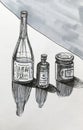 Liner sketch: bottles on the table
