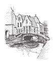 Liner sketch of homes and bridge in Delft Royalty Free Stock Photo