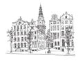 Liner sketch of houses in Amsterdam, Holland, hand drawing sketch.