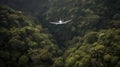 Liner tourist plane flies over the forested tropical jungle in the morning sun. AI generated. Royalty Free Stock Photo