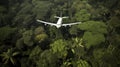 Liner tourist plane flies over the forested tropical jungle in the morning sun. AI generated. Royalty Free Stock Photo