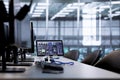 Lines of code running on computer screens and tablet in data center Royalty Free Stock Photo