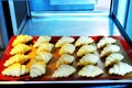 Lines of croissant bread in tray ready to be baked Royalty Free Stock Photo