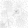 Lines design of American flag with firework, happy 4th of July for design element and coloring book page. Vector