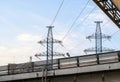 Lines of electrical wires that are located near a road junction on the Moscow ring road - MKAD. Royalty Free Stock Photo