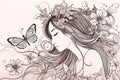 Lines long hair young woman profile with closed eyes. Line art beautiful lovely fairy pattern with flowers, leaves, butterflies.