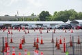 Lines of people in cars waiting to get Coronavirus testing at Miami Hard Rock Stadium test site