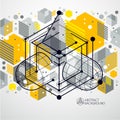 Lines and shapes abstract vector isometric 3D yellow background. Abstract scheme of engine or engineering mechanism. Layout of Royalty Free Stock Photo