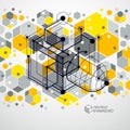 Lines and shapes abstract vector isometric 3D yellow background. Abstract scheme of engine or engineering mechanism. Layout of Royalty Free Stock Photo