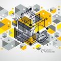 Lines and shapes abstract vector isometric 3D yellow background. Abstract scheme of engine or engineering mechanism. Layout of Royalty Free Stock Photo