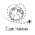 Lines. Silhouette airplane. Flight around the world. Earth. Map of the ground. Airplane and globe. Vector illustration