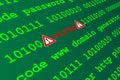 Lines of software code in perspective on dark green background with warning signs and red virus alert. Royalty Free Stock Photo