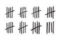 Lines or sticks hand drawn with brush strokes sorted by four and crossed out. Simple mathematical count visualization