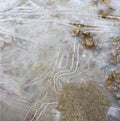 Ice Lines and Curves in Pond with Sand and Rocks Royalty Free Stock Photo