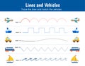 Lines and Vehicles line tracing practice worksheet for kindergarten.