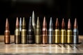 a lineup of ammunition of different calibres