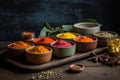 A lineup of Ayurvedic superfoods like turmeric, ashwagandha, brahmi and amalaki. Styled as colorful remedies to support health and