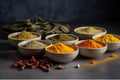 A lineup of Ayurvedic superfoods like turmeric, ashwagandha, brahmi and amalaki. Styled as colorful remedies to support health and