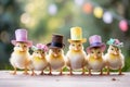 A lineup of baby chicks in assorted Easter bonnets stand proudly, with a bokeh of lights in the background suggesting a Royalty Free Stock Photo