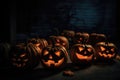 Lineup Of Flickering Jackolanterns Casting An Eerie Glow On Shadowy Background. Generative AI Royalty Free Stock Photo