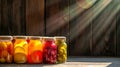 A lineup of glass containers filled with a variety of fruits such as peaches, pears, and cherries, preserving them for future Royalty Free Stock Photo