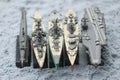 The lineup of miniature battleships consists of the enterprise carrier, the submarine, the battleship Musashi, and others