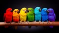 A lineup of seven parrots with feathers displaying colors of the rainbow on a perch