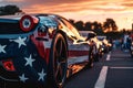 A lineup of sports cars adorned with painted American flags parked side by side, A sports car with American flag racing stripes,