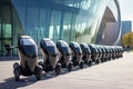 A lineup of three-wheeled vehicles neatly parked in front of a building, Segways parked in front of a futuristic building, AI Royalty Free Stock Photo