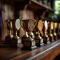 Lineup of trophies on rustic table showcases triumphant achievements beautifully