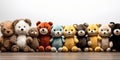 Lineup of Various Cute Stuffed Animal Toys Sitting Against a White Background Perfect for Childrens Toy Collection Royalty Free Stock Photo