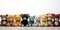 Lineup of Various Cute Stuffed Animal Toys Sitting Against a White Background Perfect for Childrens Toy Collection Royalty Free Stock Photo