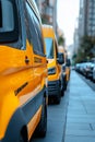 Lineup of Vibrant Yellow Custom Decal Vans Parked on Urban Street with Bokeh Background