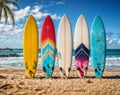 Lineup of five 5 vivid surfboards resting on the beach