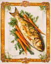 Lingcod Dinner: Hyperrealistic Watercolor Food Illustration Royalty Free Stock Photo