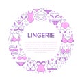 Lingerie circle poster with flat line icons of bra types, panties. Woman underwear background, vector illustration of