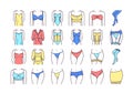 Lingerie color line icons set. Category of women`s clothing including at least undergarments, sleepwear and lightweight robes. Royalty Free Stock Photo