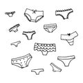 Lingerie doodle set. Vector underwear background design. Outline hand drawn illustration. Bras and panties elements.