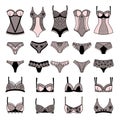 Lingerie. Female bra bikini panty with decorative textile design recent vector woman body fashioned clothes Royalty Free Stock Photo