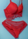 lingerie in red on a blue background. Set of women's underwear lace lingerie close-up. Bra and panties floating in the air Royalty Free Stock Photo