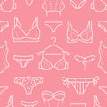 Lingerie seamless pattern with flat line icons of bra types, panties. Woman underwear background, vector illustrations Royalty Free Stock Photo