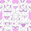 Lingerie seamless pattern with flat line icons of bra types, panties. Woman underwear background, vector illustrations