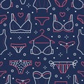 Lingerie seamless pattern with flat line icons of bra types, panties. Woman underwear background, vector illustrations