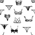 Lingerie seamless pattern. Set of panties and bras. Black and white watercolor illustration. Print for textiles, wallpaper,