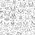 Lingerie seamless pattern. Vector underwear background design. Outline hand drawn illustration. Bras and panties doodle.